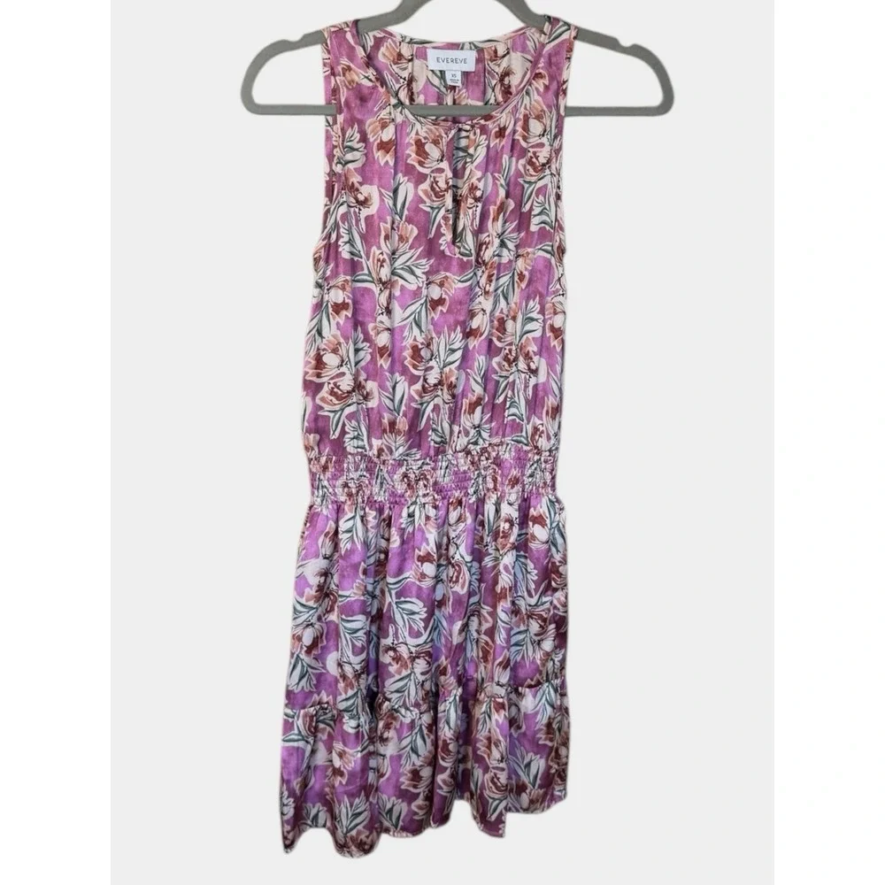 Evereve Floral Mini Dress XS Ruffle Sleeveless Tiered Pink Purple Boho Romantic
